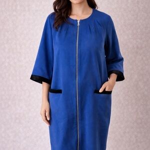 Georgine Blue Zip Front Dress Coat Black Trim Short Sleeve